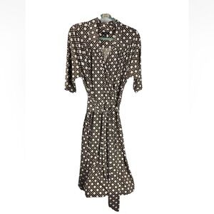 Vtg Talbots Cane Print Jersey Faux Wrap Dress Brown Ivory Woman 14 Short Sleeves